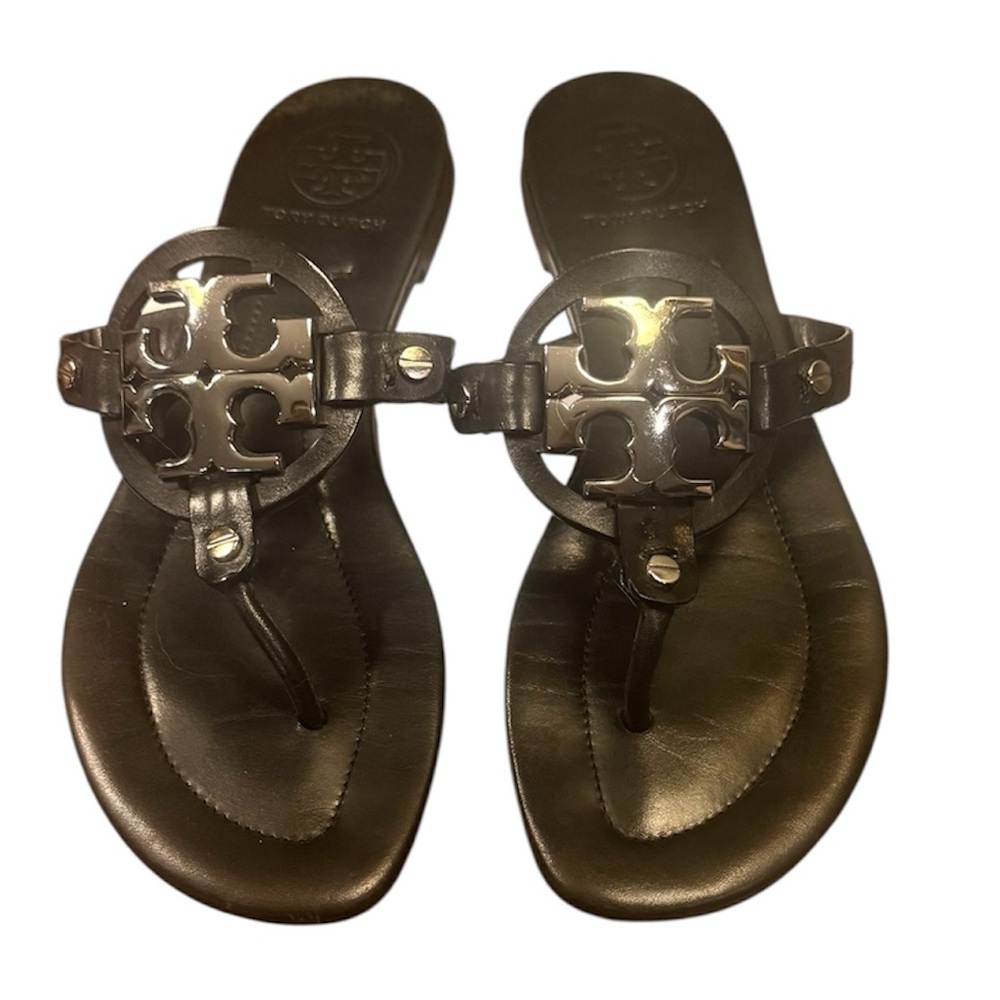 Tory Burch Brown Leather Miller Logo Thong Sandals